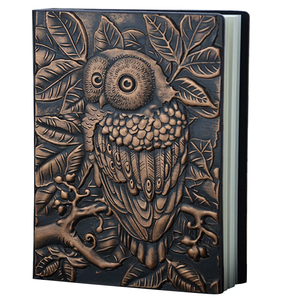 Notebook Hardcover Vintage A5 Handmade Embossed 3D Owl PU Leather Travel Journal Lined Pages Gift Diary Anniversary Writing