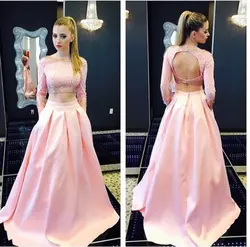 G615 Лидер продаж розовый атлас с длинным рукавом Scoop A Line Выпускные платья 2018 из двух частей бисером сексуальная спинки vestido de festa