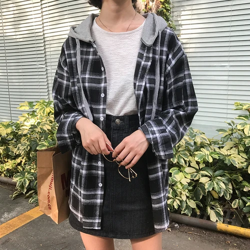 Женская клетчатая блузка с капюшоном Повседневная Блузка черного красного