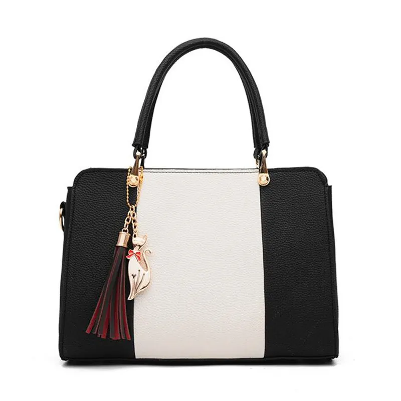 2019 الصيف النساء ضرب اللون حقائب يد جلدية عارضة حمل أكياس Crossbody حقيبة الأعلى مقبض حقيبة مع شرابة و القط قلادة l67