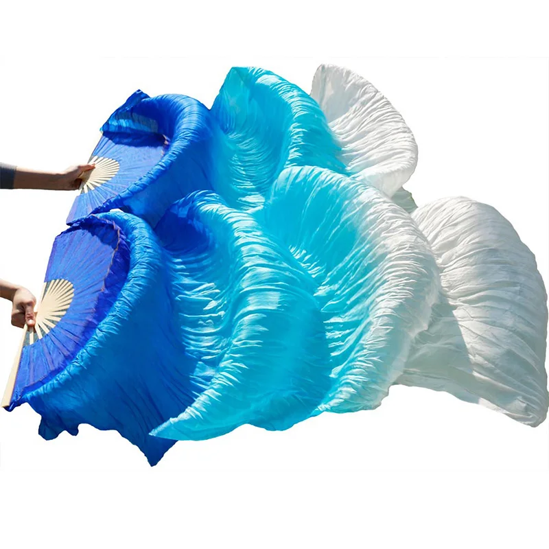 Stage Performance 100% Silk Belly Dance Fans Gradient Colour Dance Accessories Belly Dancing Silk Fan royal blue+turquoise+white