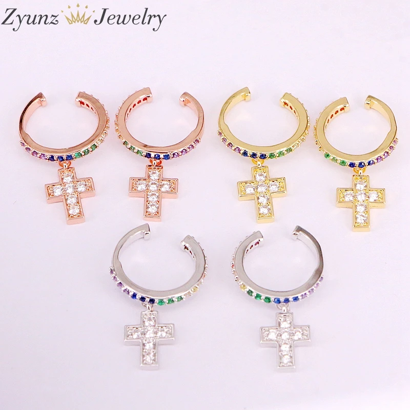 

5Pairs, Gold/Silver/Rose Gold Color Earring For Women Sparking Zirconia Cross Drop Dangling Earrings