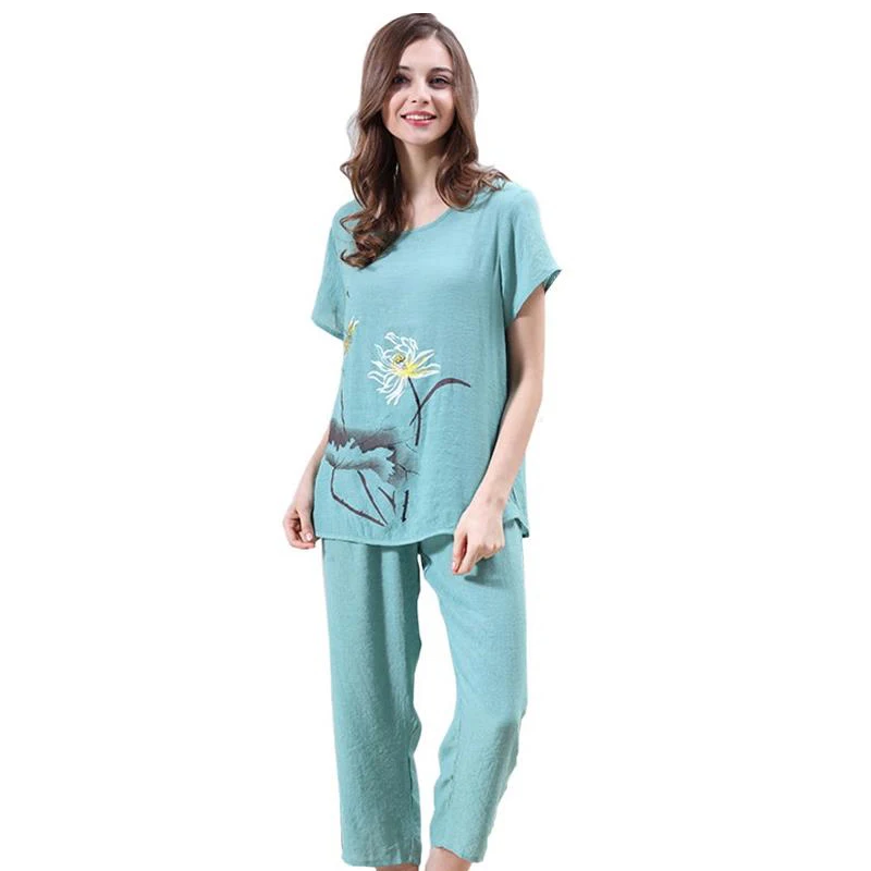 Summer Blue Female Pajamas Set Loose Casual Shirt&Pant Pyjamas Suit ...