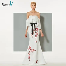 Dressv белое вечернее платье Русалка без бретелек развертки поезд вышивка оборками бисером свадебное вечернее платье