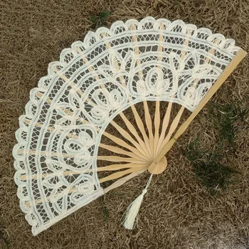 

Lace Hand Fan Handmade Embroidery Double Deck Folding Fans Beige Wedding Favors Arts and Crafts W9316