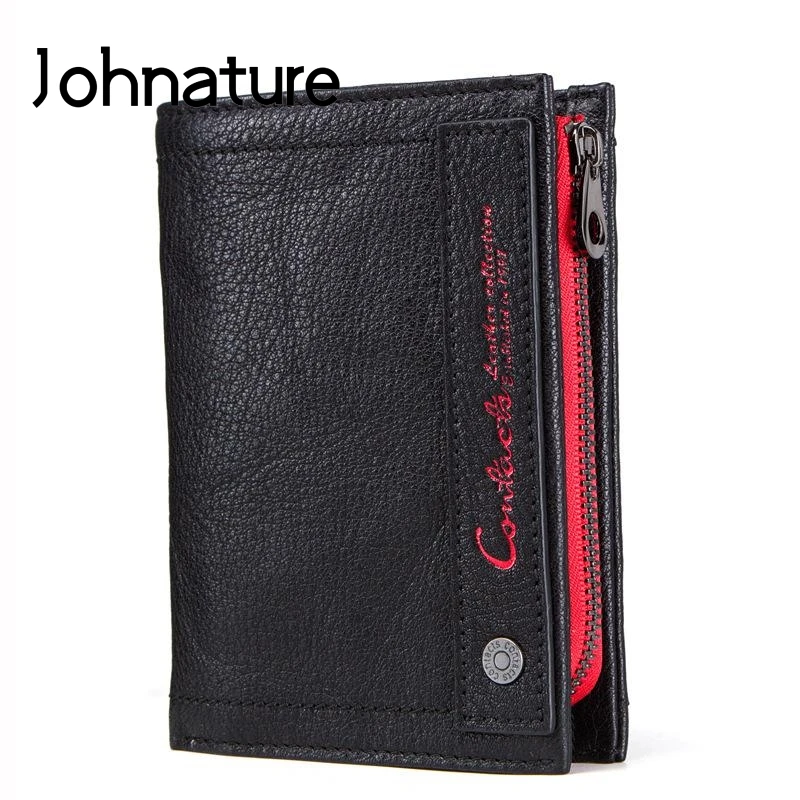 

Johnature 2020 New Genuine Leather Solid Casual Zipper & Hasp Men Short Standard Wallets Multi-card Position Tri-fold Coin Purse