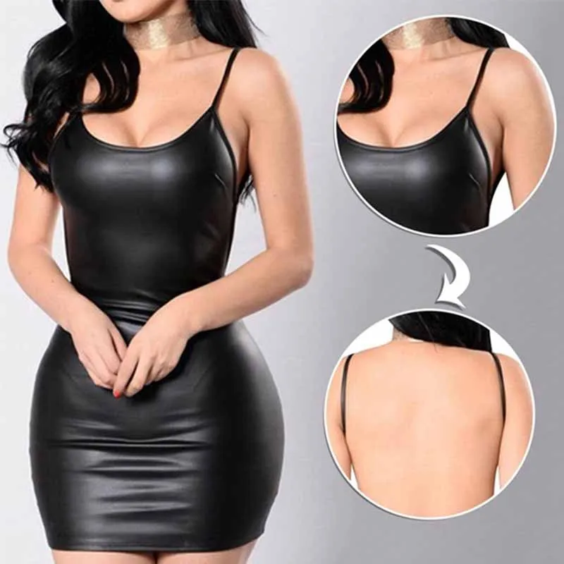 Sexy Backless Black Faux Leather Dress Women Spaghetti Strap Summer Clubwear Outfit Party Short Mini Hip Wrapped Bodycon Dress (9)