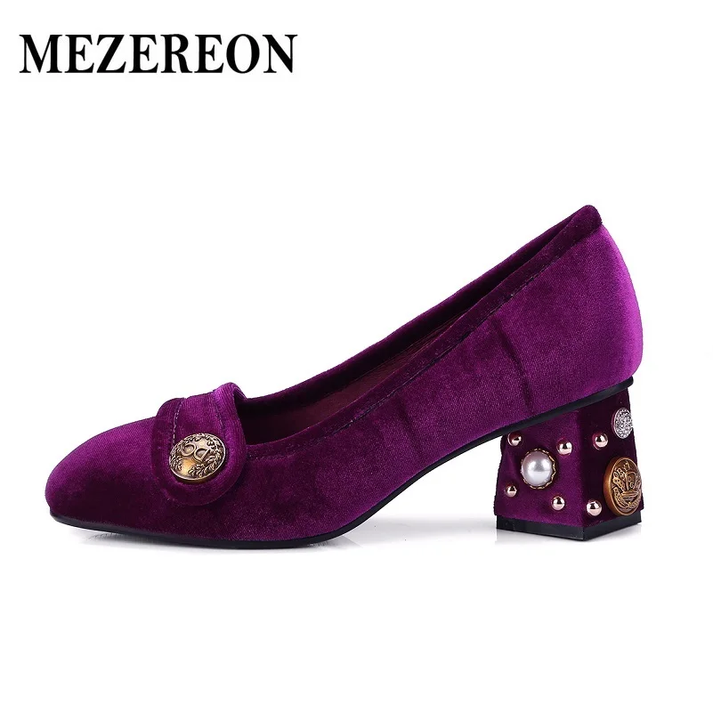

MEZEREON Women Retro Pumps Round Toe Footwear Fashion Party Shoes Woman Square Heel Pumps Buckle Decoration Ladies Shoes Purple