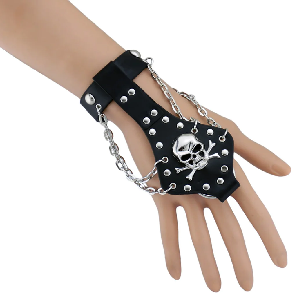 Gothic Punk Men's Biker Alloy Rivet Studs Leather Skull Skeleton Hand Finger Chain Bracelet