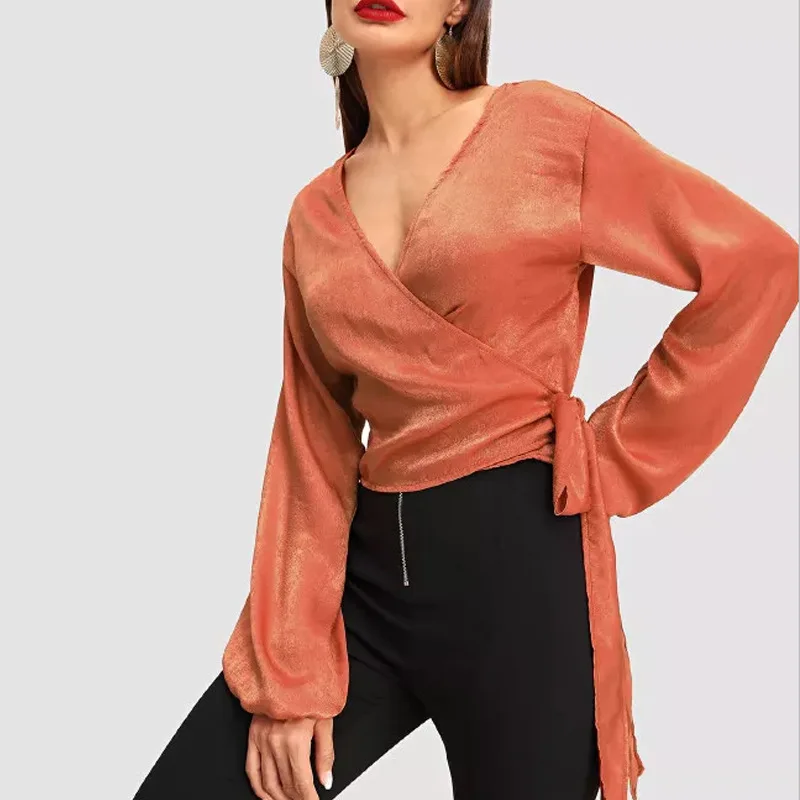 

Elegant Blouses Women Summer Autumn Tops 2019 Long Lantren Sleeve V Neck Casual Blouse Modis Lady Orange Sashes Womens Top Shirt