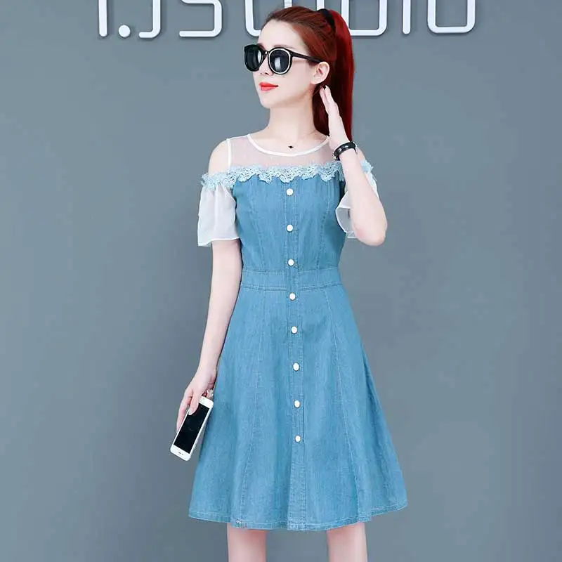 Light Blue Женские кружевные лоскутные джинсовые Свободные Платья с цветочным узором, с вырезом, пуговицами, женские джинсы, повседневные, Vestido, лидер продаж, D95808Z - Цвет: Light Blue
