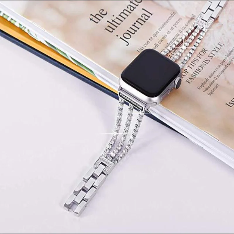 Women Watch Band Diamond Bling for Apple Watch iWatch 1/2/3/4 Stainless Steel Metal Three Chain Diamond Straps Bracelet