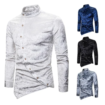 

New fashion fall personality diagonal button diamond velvet irregular multi-color Henry collar high-grade long-sleeved shirt b