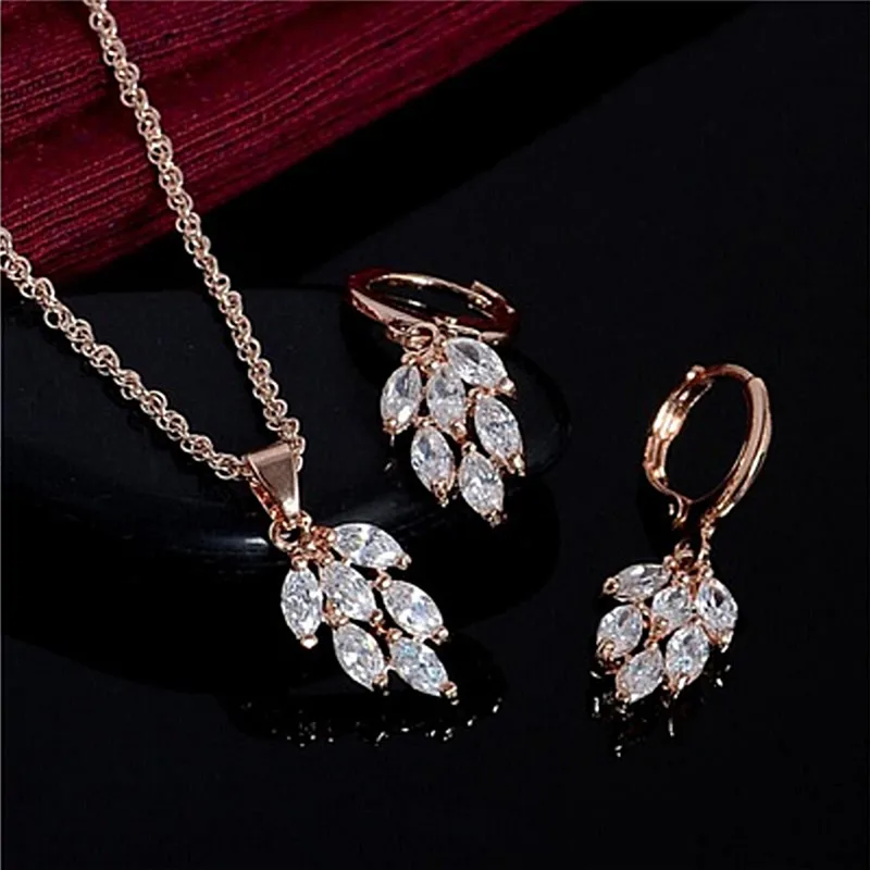 

JETTINGBUY Fashion Silver Chain Water Drop Crystal Maple Leaf Jewelry Sets parure bijoux Women Vintage Necklace Earrings