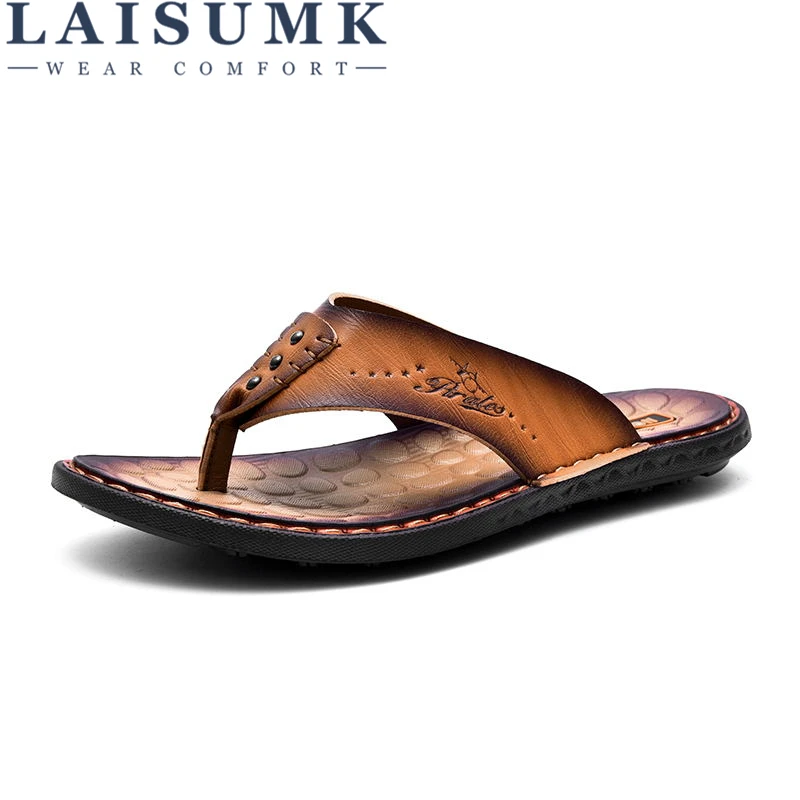 

2019 LAISUMK Summer Men Slippers Head Layer Cowhide Beach Shoes Chuck Leather Slippers Men Sandals Flip Flops Causal Flats Shoes