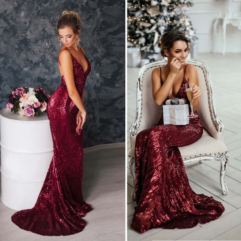 sexy red Sequined Evening maxi dress Backless Deep V Neck wedding party dress sleeveless floor length mermaid dress gown