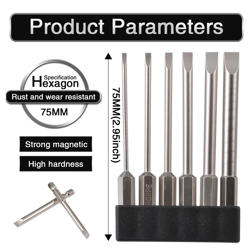 6 шт./компл. 2,0-6,0 мм с плоским носком наконечник с прорезью отвертки 1/" Шестигранным хвостовиком магнитные прорези отвертки 75 мм S2 сплав Сталь - Цвет: 75mm 6pcs Slotted
