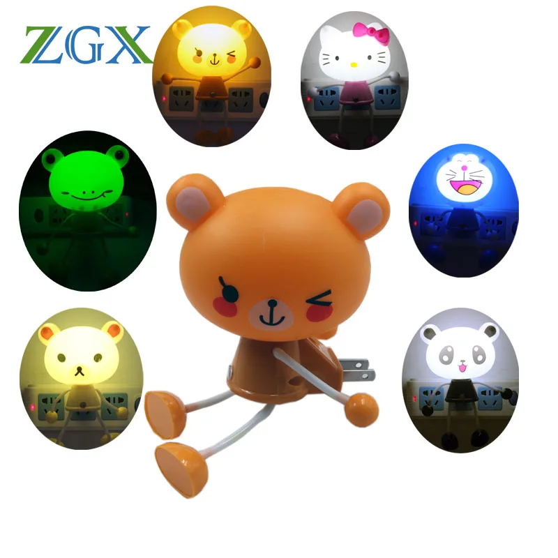 

ZGX Safe Cartoon LED Night Lamp Intelligent light Sensor Bedroom kids Cute Hello Kitty automatic startup EU US Plug lovely bear