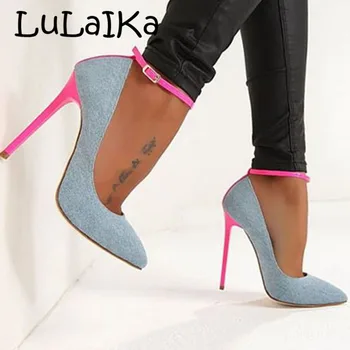 Denim Blue High Heel Shoes Sexy Pointed toe Ankle Strap Woman Pumps 2018 Newest Pink Party Wedding Women High Heels 13cm