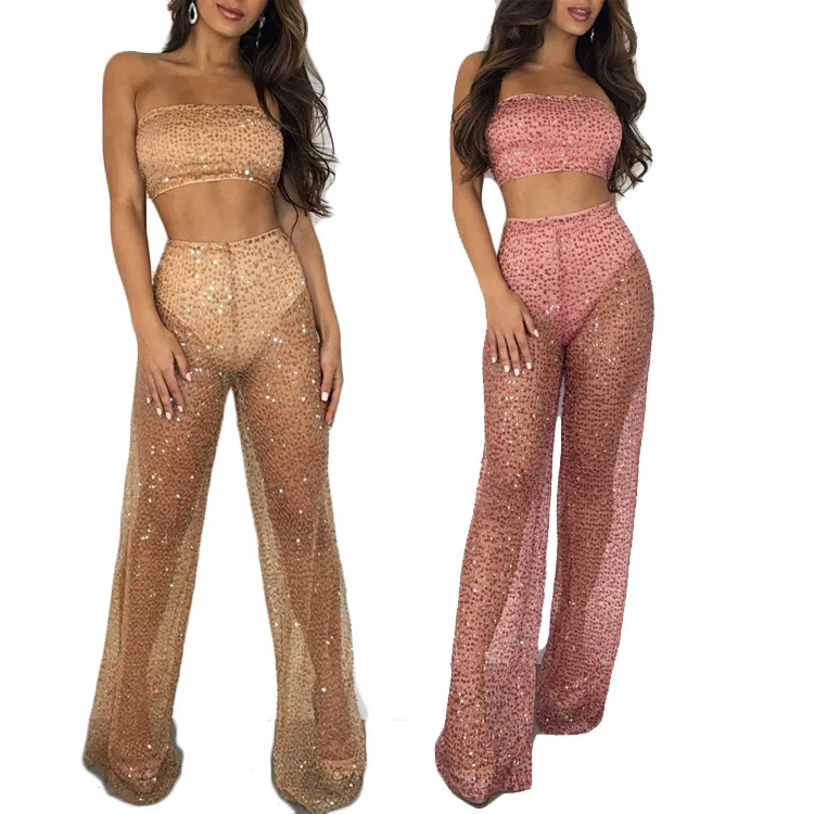 

Women Club Sheer Glitter Two Piece Tracksuit Set Strapless Crop Camis Top and Long Wide Leg Pants Fashion Matching Female Outfit