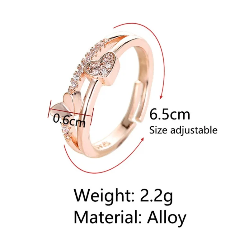 

New women's heart-shaped Opening Adjustable Crystal Ring Temperament Female Silver Gold Wedding Ring Bride Jewelry Gift A8