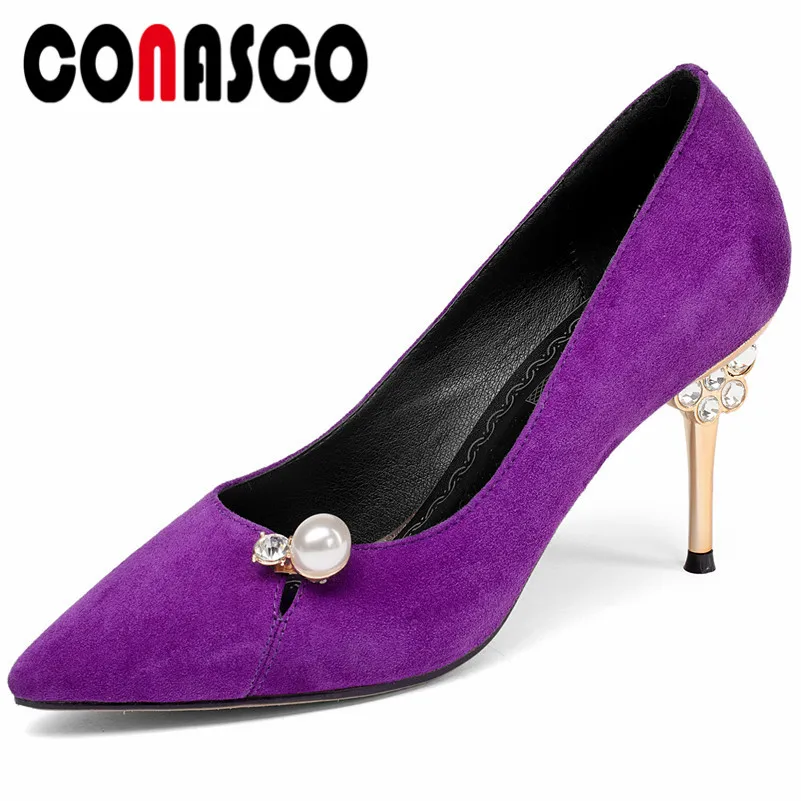

CONASCO 2019 Concise Elegant Pointed Toe Thin Heels Women Pumps Pearl decoration Solid Kid Suede Single Shoes Office Lady Shoes
