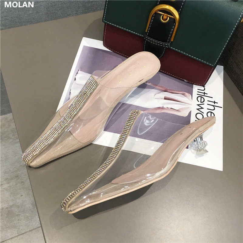 

MOLAN Brand Designers 2019 New Luxury Bling Crystal Pointed PVC Shoes Sexy Med Heels Ladies Pumps Slip On Loafers Mules Casual