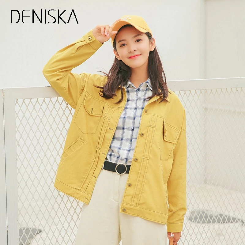 Дениска 2018 Boyfriend Denim куртка осень женские куртки и пальто красный желтый с
