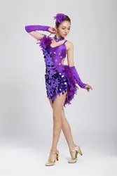 Настроить фиолетовый перо латинский танец Конкурс Костюмов Дамы Латинской платье Fringe латинского платье для девочек Танцы костюм для детей
