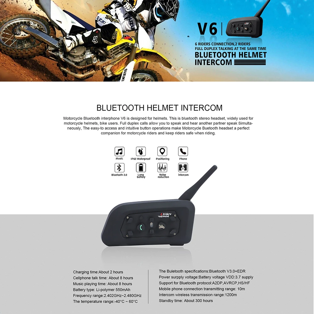2017 V6 Bluetooth домофон мотоциклетный шлем аксессуары динамик 1200 м 6 всадников
