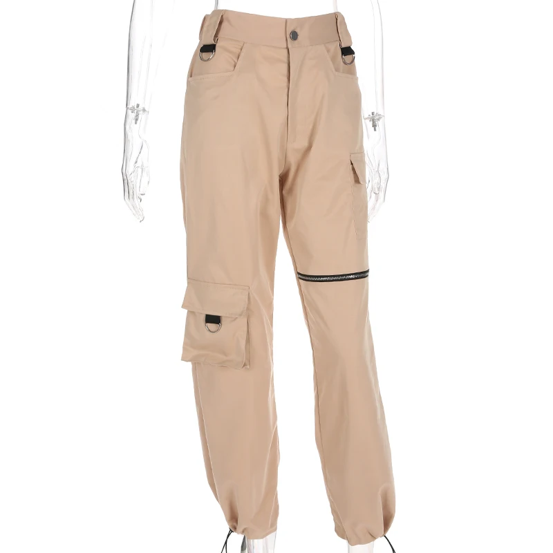 HEYounGIRL повседневные брюки-карго цвета хаки с карманами на молнии, эластичные брюки с высокой талией, женские уличные прямые свободные спортивные штаны