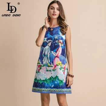 

LD LINDA DELLA Fashion Runway Spring Summer Dress Women's Sleeveless Gorgeous Crystal Printed Elegant Jacquard Ladies Dresses