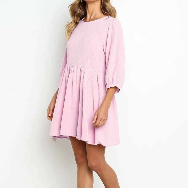 

Spring Summer Sweet Style Dress Three Quarter Long Sleeved Round Collar candy Color Lantern Sleeve Elegant Pleated pink Dresses