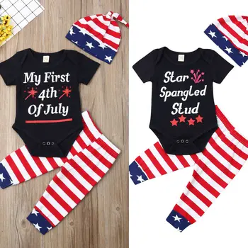 

0-18M Newborn Infant Baby Boys 4th of July Outfit Star Spangled Stud Romper Bodysuit+Pants+Hats Clothes Set