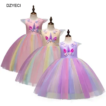 

DZYECI Unicorn Costume For Little Girl Dress Carnival Kid Fancy Rainbow Party Tunic Child Elegant Up Frock Disguise Formal Elza