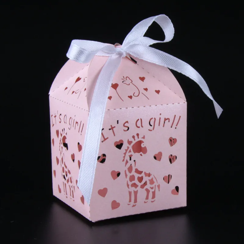 50 шт. розовый/синий «Тигр» и «Жираф» лазерная резка коробка конфет, Детские сувенир с душем подарочной коробке детский праздничный костюм свадебные сувениры, Свадебные украшения