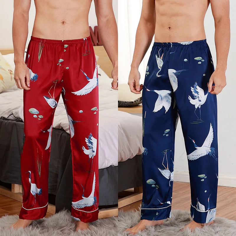 New Style Mens Long pants Spring Summer Casual Silky Home Wear Male Sleep Pyjama Bath Trousers L-XXL