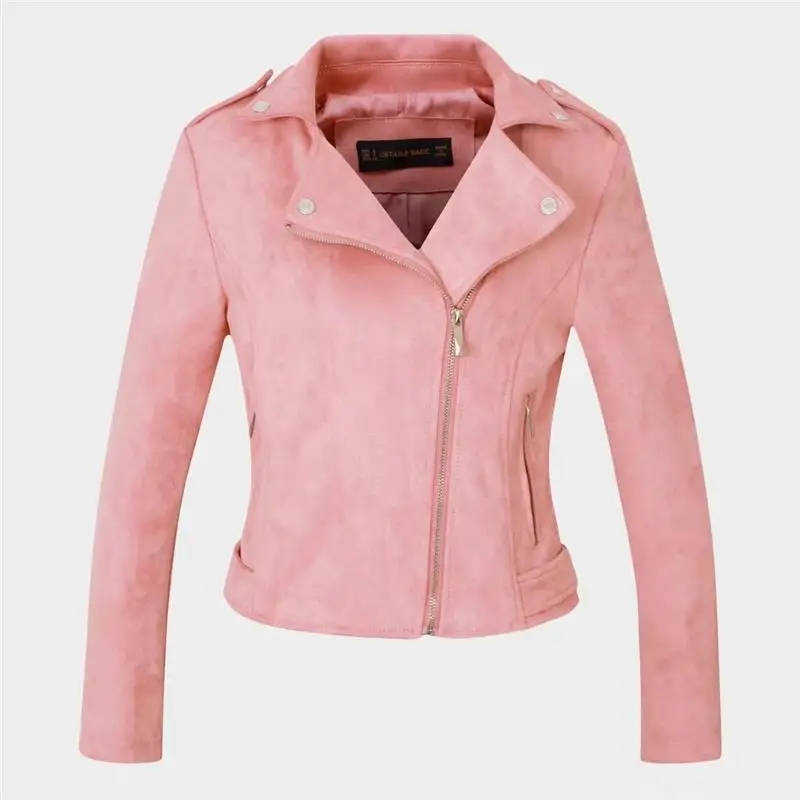 New Arrial Women Autumn Winter Suede Faux Leather Jackets Lady Fashion Matte Motorcycle Coat Biker Pink Zipper Outerwear - Цвет: Розовый