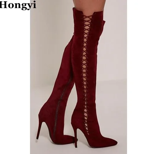 Hongyi New arrival winter over the knee wine red suede leather lace up boots thin high heel side zip decorated pointed toe boots