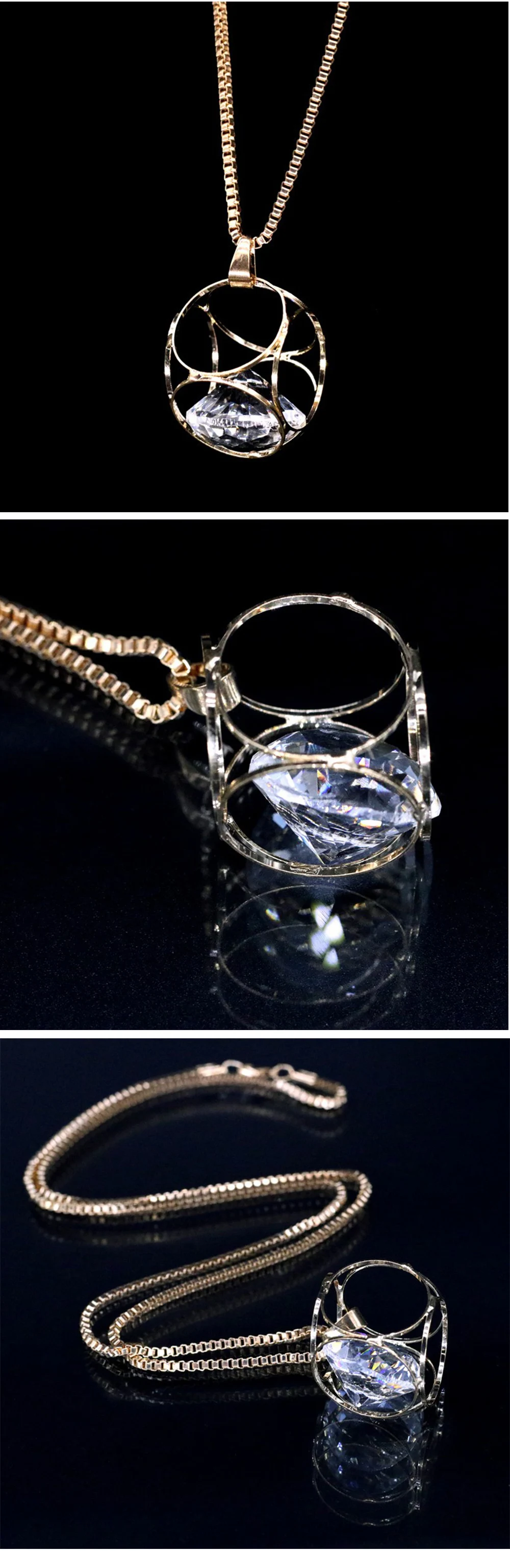 Модное полое круглое ожерелье с кристаллами, женское длинное позолоченное ожерелье из золотой цепочки и подвески, Ювелирное колье