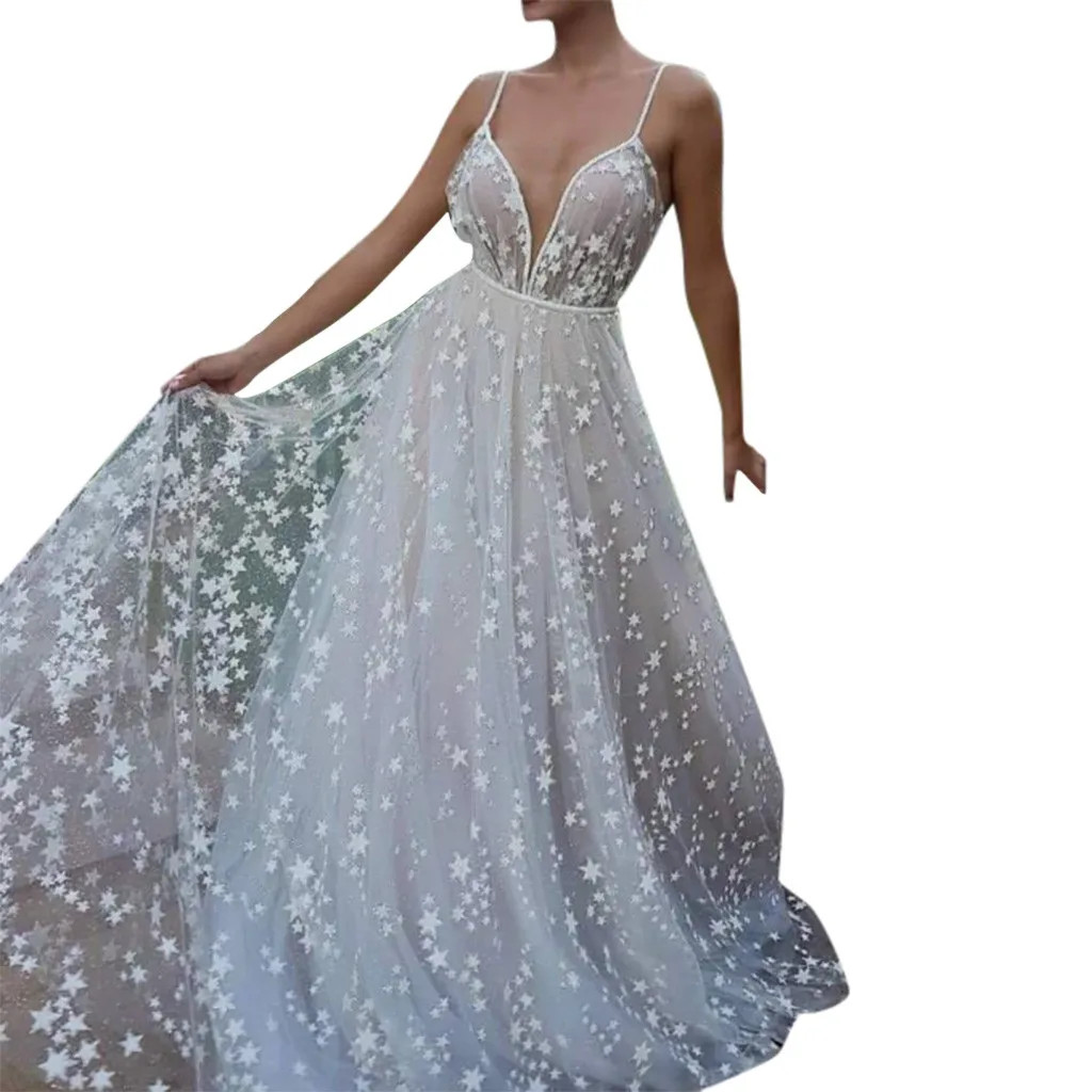 

KLV 2019 Summer latest fashion Women's Sleeveless V-Neck Casual Embroidery Dress Party Long Dress free shipping D4