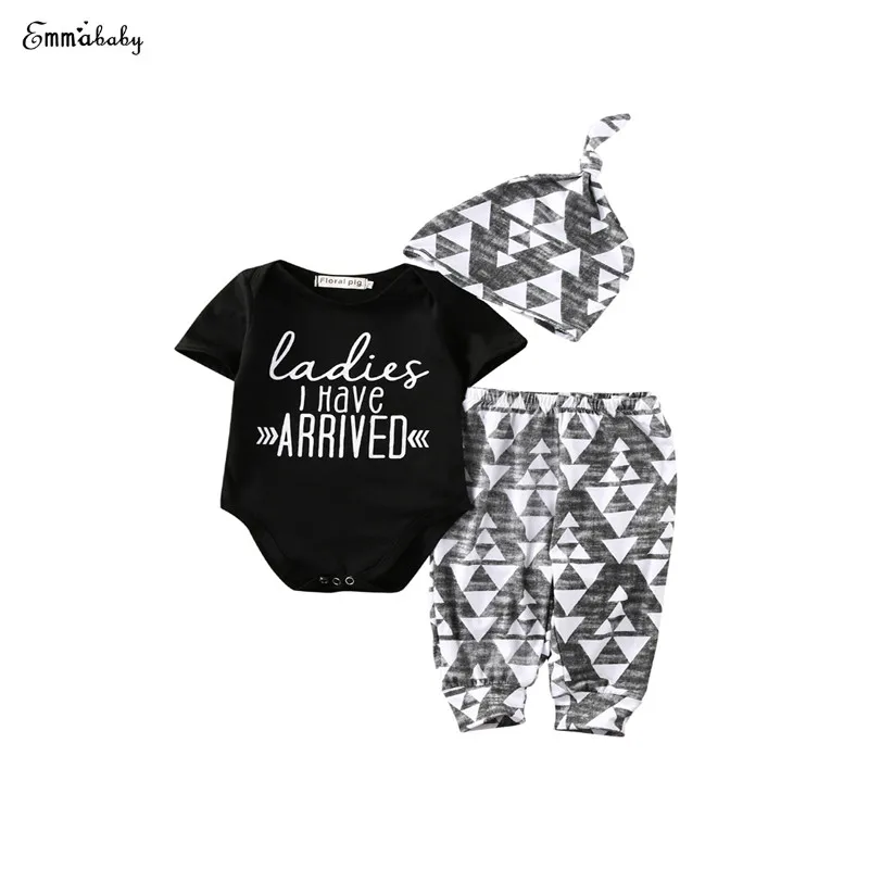 

2017 Newborn Baby Boy Girls Active Casual Short Sleeve O-Neck Covered Button Letter Print Romper Tops Pants Hats 3PCS