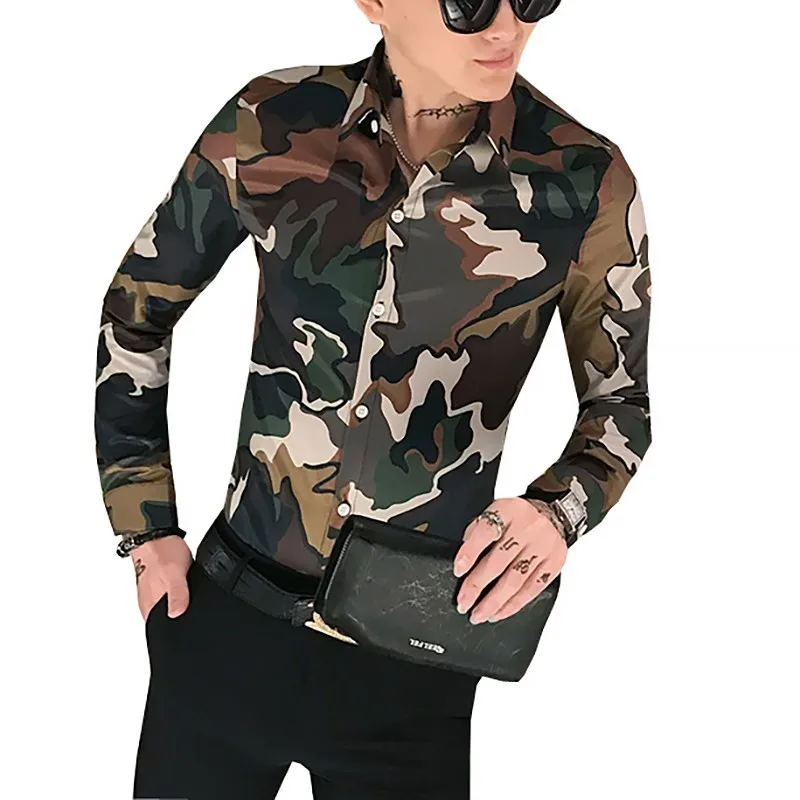 Корейская одежда для мужчин вечерние Клубные Chemise Homme camouflage камуфляжная рубашка для мужчин с длинным рукавом Slim Fit рубашки для ночного клуба Camisa Masculina