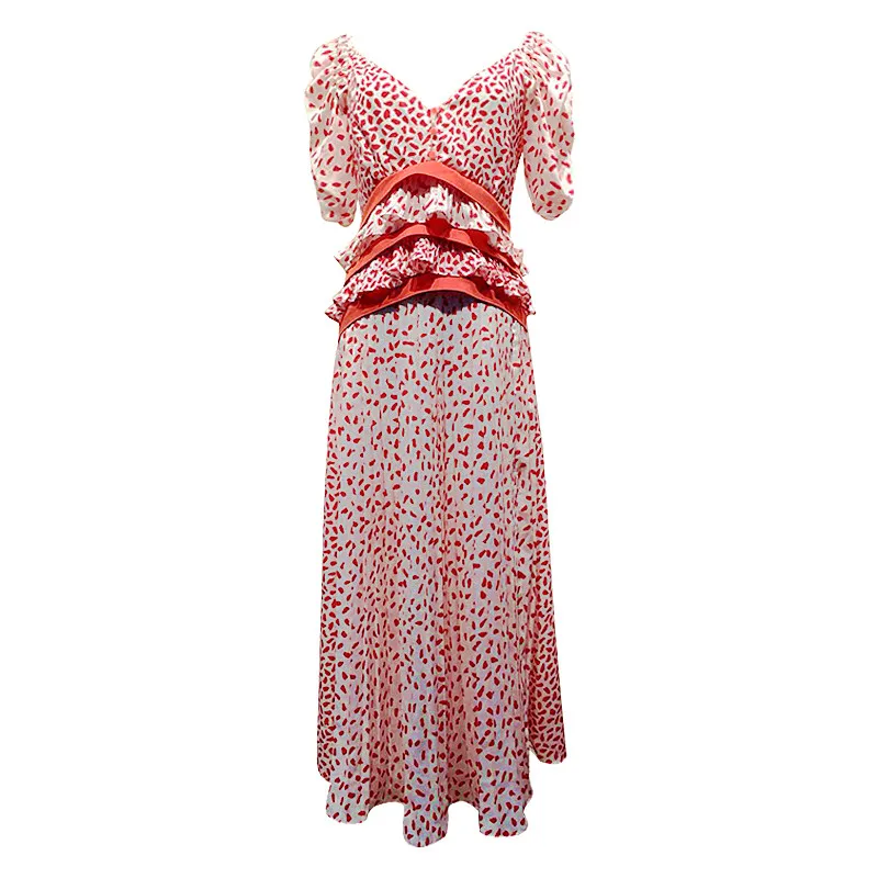 

Dresses Brand fashion women's high-end luxury summer sexy elegant red print V-neck split Maxi dress