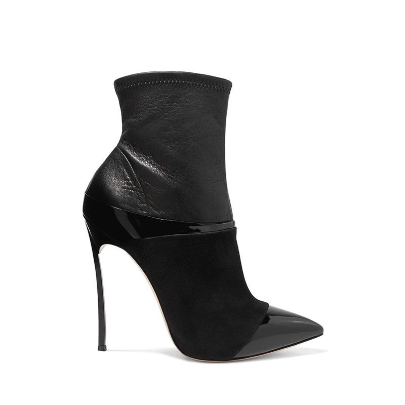 

Dipsloot New Design Woman Fashion Patchwork Microfiber Ankle Boots Ladies Pointed Toe Slip-on Short Boots Girls Thin High Heels