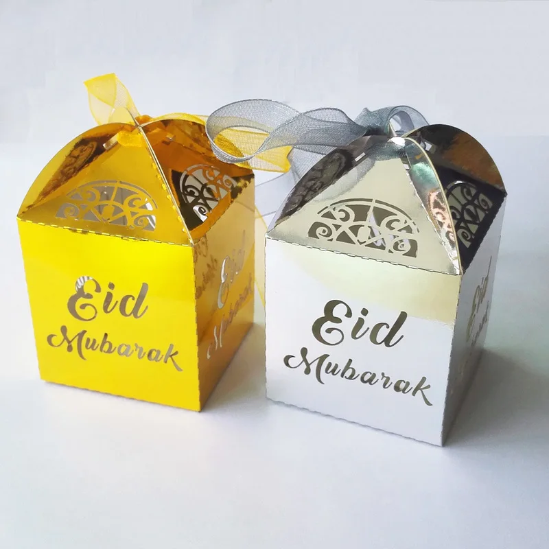 

50pcs /lot Hot Sale Gold Silver Happy Eid Mubarak Paper Gift Box Ramadan Decorations Islamic Party Happy Eid Mubarak Decorations