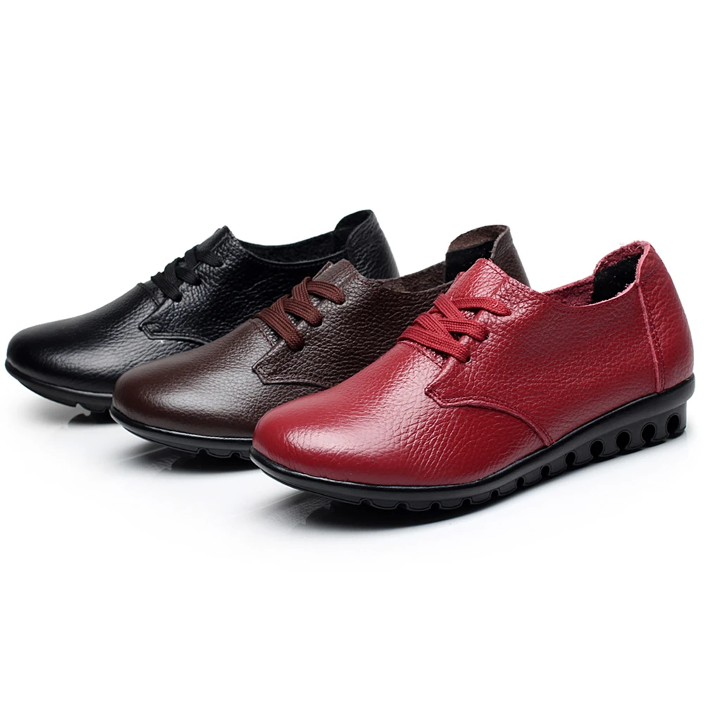 PEIPAH Women Flats Shoes Genuine Leather Spring Autumn Lace Up Round Toe Casual Flat Shoes Women Sneakers Classic Leather Shoes