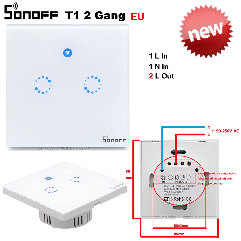 Itead Sonoff Touch/T1 EU Wifi настенный сенсорный выключатель 1 комплект 1 способ беспроводной дистанционный светильник релейное управление приложение работа с Alexa Google Home - Комплект: sonoff T1 EU 2GANG