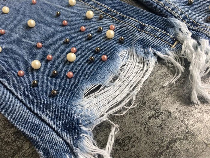 2017 fashion European and American women's high waist Slim straight pearl 3-color studs irregular feet tassel washed cowboy trousers (25)