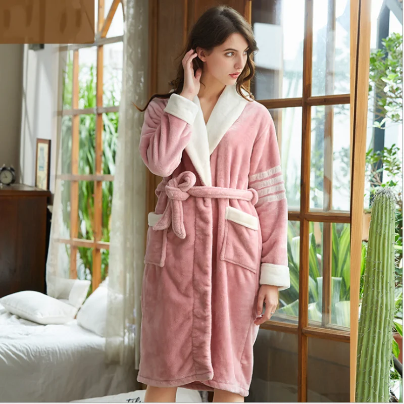 2019 Winter Casual Bathrobes Women Soft Warm Flannel Robes Ladies turn